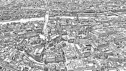 Bremen, Germany. The historic part of Bremen, the old town. Bremen Cathedral ( St. Petri Dom Bremen ). Doodle sketch style. Aerial view
