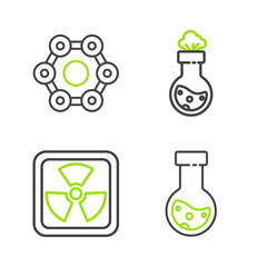 Set line Test tube and flask chemical, Radioactive, and Chemical formula icon. Vector