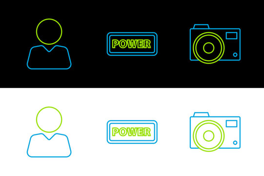 Set line Photo camera, Add friend and Power button icon. Vector