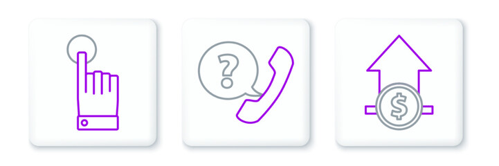 Set line Financial growth and coin, Hand touch tap gesture and Telephone handset speech bubble chat icon. Vector