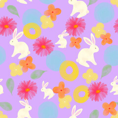Fototapeta na wymiar Seamless pattern with rabbit cartoons, oriental flowers and cute botanical blossom background. Nursery wallpaper, textile