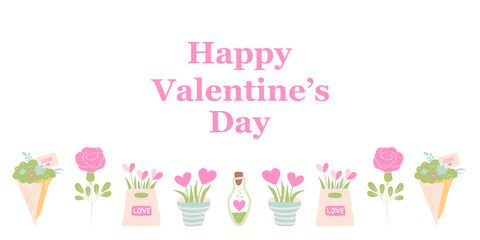 Happy Valentine's Day horizontal banner with flowers. Valentines Day Card. Vector illustration