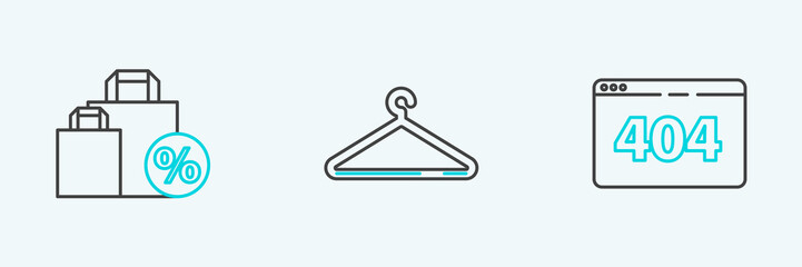 Set line Page with a 404 error, Shoping bag discount and Hanger wardrobe icon. Vector