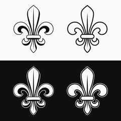 Fleur de lis set. Fleur de lys icons in different styles. Balck and white illustration for Mardi Gras carnival. Royal French heraldry symbol.