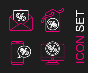 Set line Percent discount and monitor, phone, Discount percent tag and Envelope with interest icon. Vector