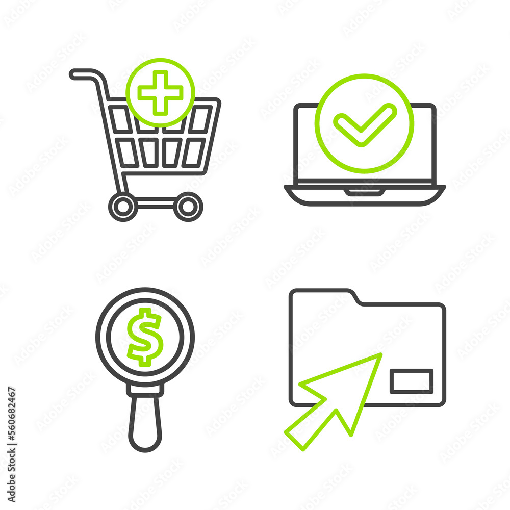 Poster set line cursor click document folder, magnifying glass and dollar, laptop and add shopping cart ico
