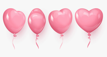 Set of four glossy 3d pink realistic heart ballons, from different sides and pink, white ribbons. Vector illustration for card, party, design, flyer, poster, decor, banner, web, advertising.  - obrazy, fototapety, plakaty