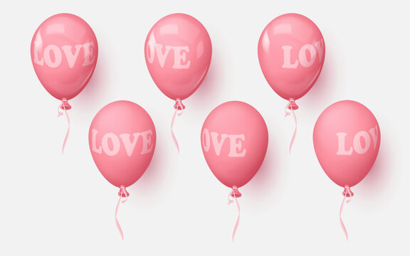 Realistic glossy, mats pink balloons with letters, word Love in different sides. Vector illustration for card, party, design, flyer, poster, decor, banner, web, advertising. 