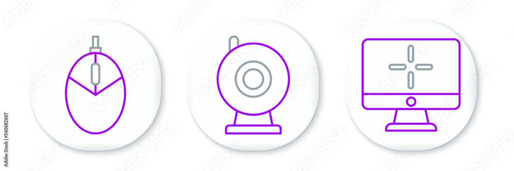 Poster set line computer monitor, mouse gaming and web camera icon. vector