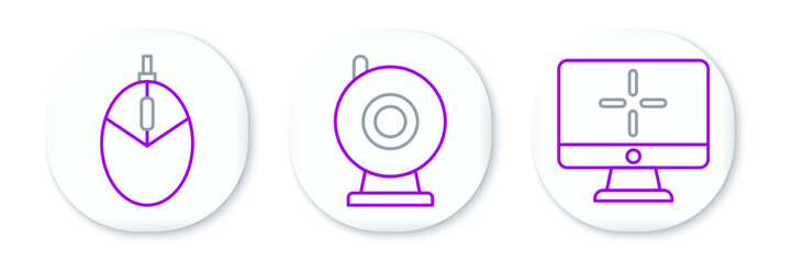 Set line Computer monitor, mouse gaming and Web camera icon. Vector