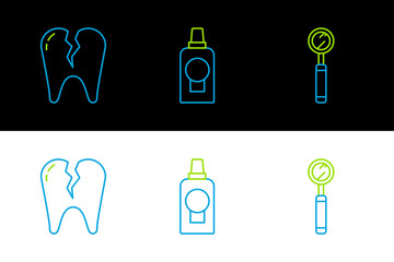 Set line Dental inspection mirror, Broken tooth and Mouthwash plastic bottle icon. Vector