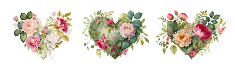 Set of romantic heart vignettes made of vintage flowers and leaves of roses in gentle retro style watercolor painting generative AI art - 560682862