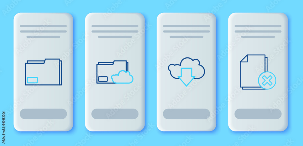Poster set line cloud storage text document folder, download, document and delete file icon. vector