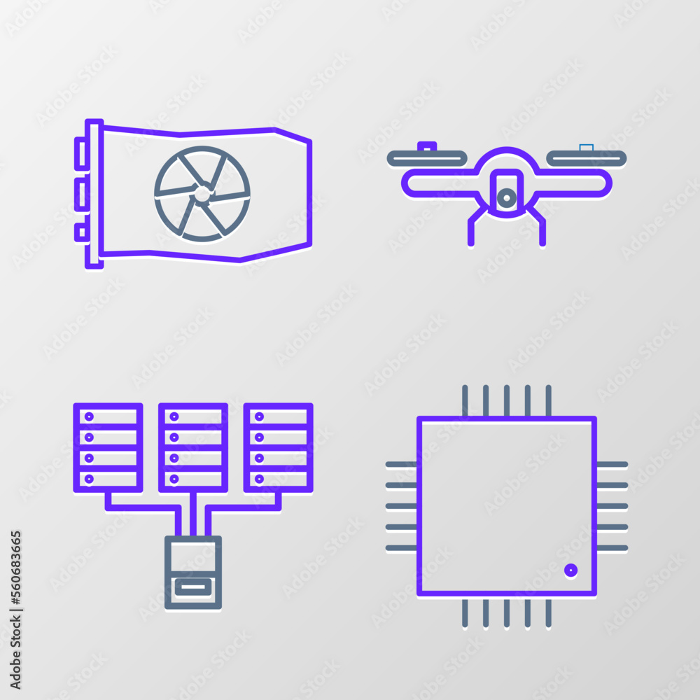 Poster Set line Processor with microcircuits CPU, Server, Data, Web Hosting, Drone flying and Video graphic card icon. Vector