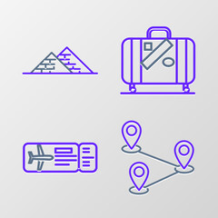 Set line Route location, Airline ticket, Suitcase for travel and stickers and Egypt pyramids icon. Vector