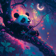 panda looking upward from its jungle tree