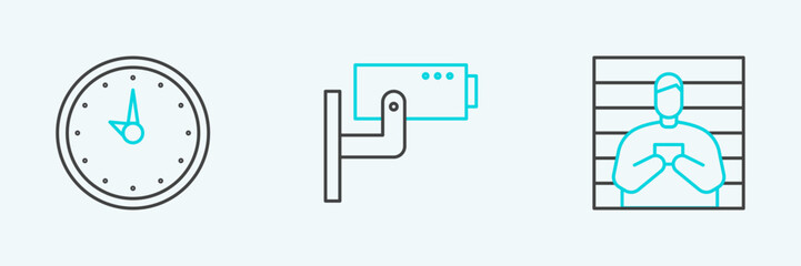 Set line Suspect criminal, Clock and Security camera icon. Vector