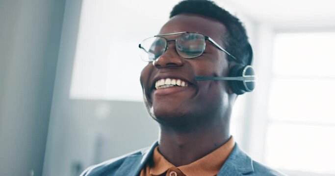 Call center, black man and smile for success in telemarketing sales, customer services or virtual consulting. Telecom, technical support or ecommerce consultant, agent or help desk worker on computer