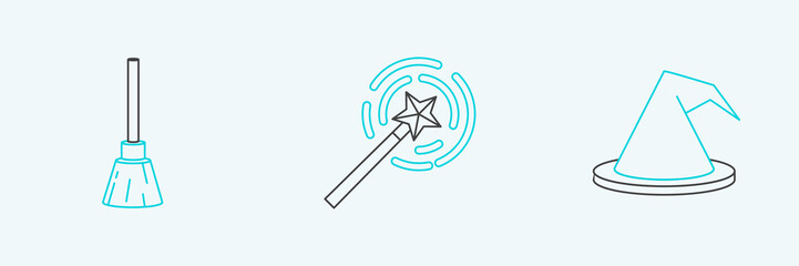 Set line Witch hat, Witches broom and Magic wand icon. Vector