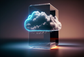 Cloud computing  - Modern & abstract cloud inside a glass cube - connection technology background - created with Generative AI technology