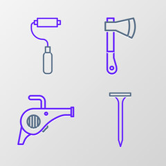 Set line Metallic nail, Leaf garden blower, Wooden axe and Paint roller brush icon. Vector