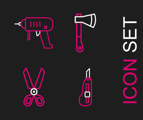 Set line Stationery knife, Scissors, Wooden axe and Electric drill machine icon. Vector