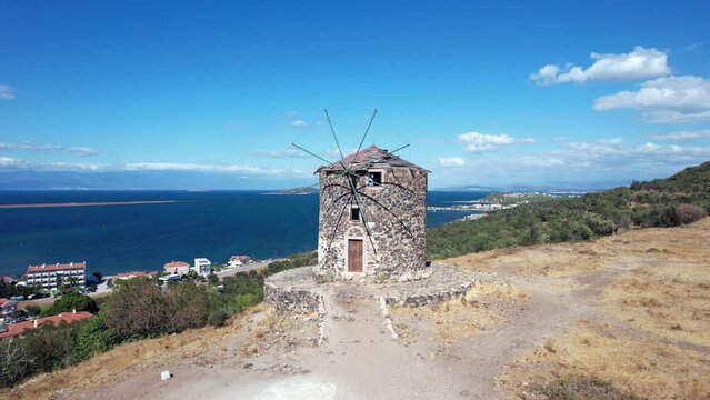 CUNDA ISLAND (Alibey Island) aerial view. Historical windmill in Cunda. Ayvalik, Balikesir, Turkey.