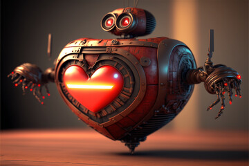 Valentine's day.  Droid love with flying hearts. Illustration created with AI. Generative Ai technology.
