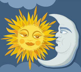 Vector illustration of sun, crescent moon and clouds isolated on dark blue sky.