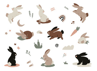 Set of cute rabbits in different poses on white background, flat vector illustration in pastel colors