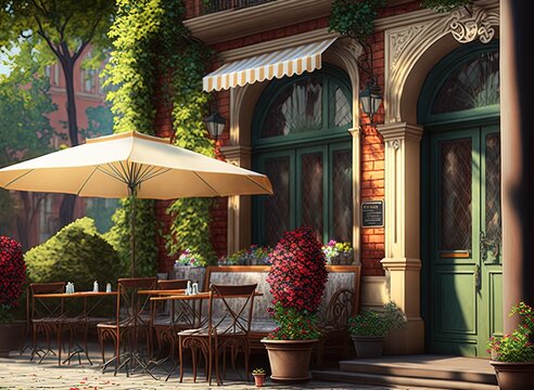 Coffeehouse with outdoor seating; summertime patio. Generative AI