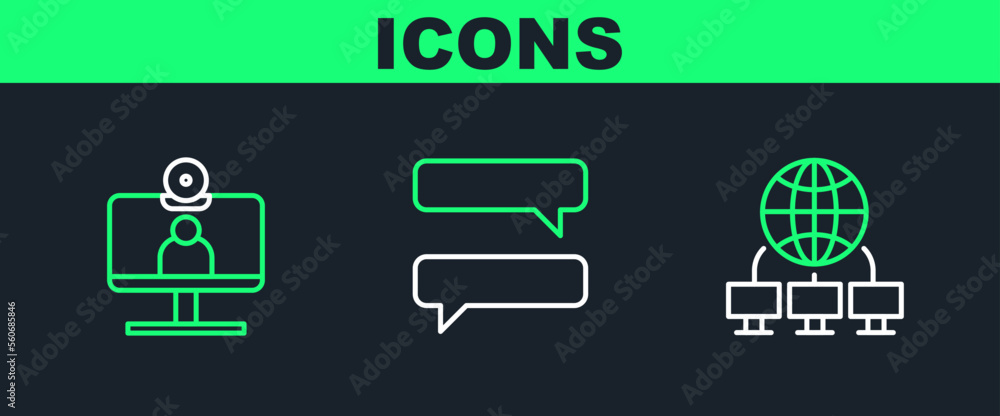 Poster set line computer network, video chat conference and speech bubble icon. vector