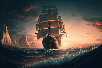 Naklejka premium Ancient ship with raised sails at sunset AI