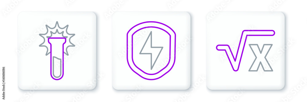 Aufkleber set line square root of x glyph, test tube and flask and secure shield with lightning icon. vector
