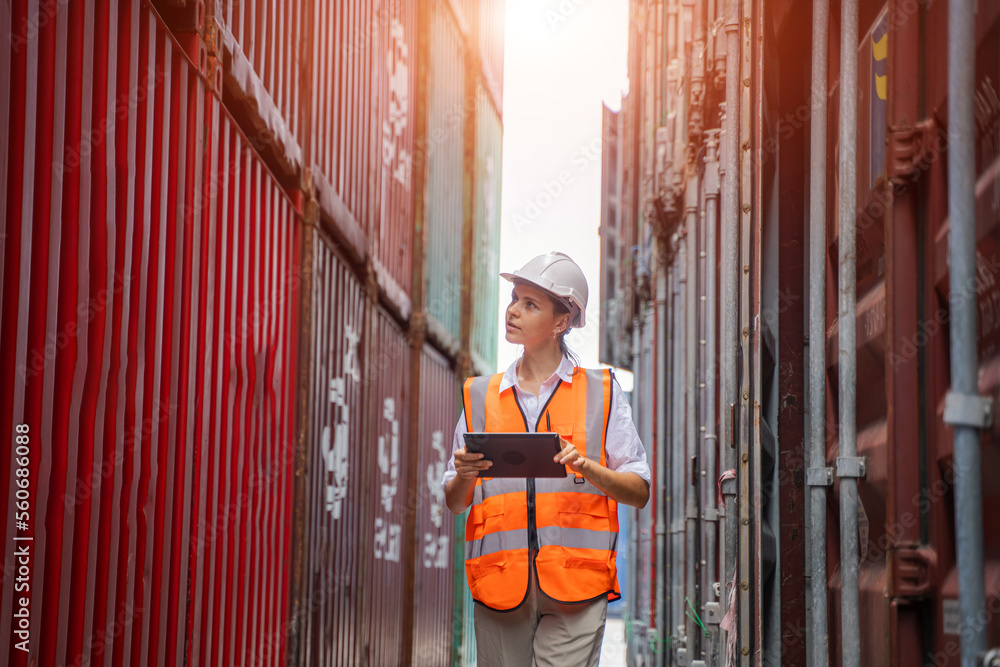 Poster Foreman checking loading Containers box for Cargo freight ship for import export,Foreman inspect Industrial Container Cargo.