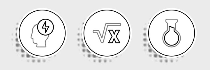 Set line Test tube and flask, Head electric symbol and Square root of x glyph icon. Vector