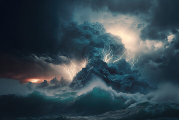 Strong storm at sea with lightning. Generative AI.