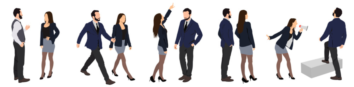 Set of pair of business man and women in Different pose standing in a row.