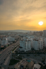 Aerial view over the city center of Tanger during sunrise hour in Morocco