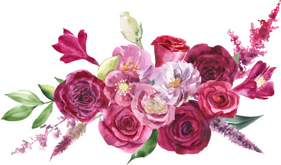 Watercolor floral arrangement. Hand painted botanical illustration with magenta flowers