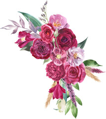 Watercolor floral arrangement. Hand painted botanical illustration with magenta flowers
