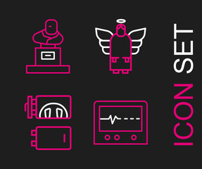 Set line Beat dead in monitor, Crematorium, Christmas angel and Grave with tombstone icon. Vector