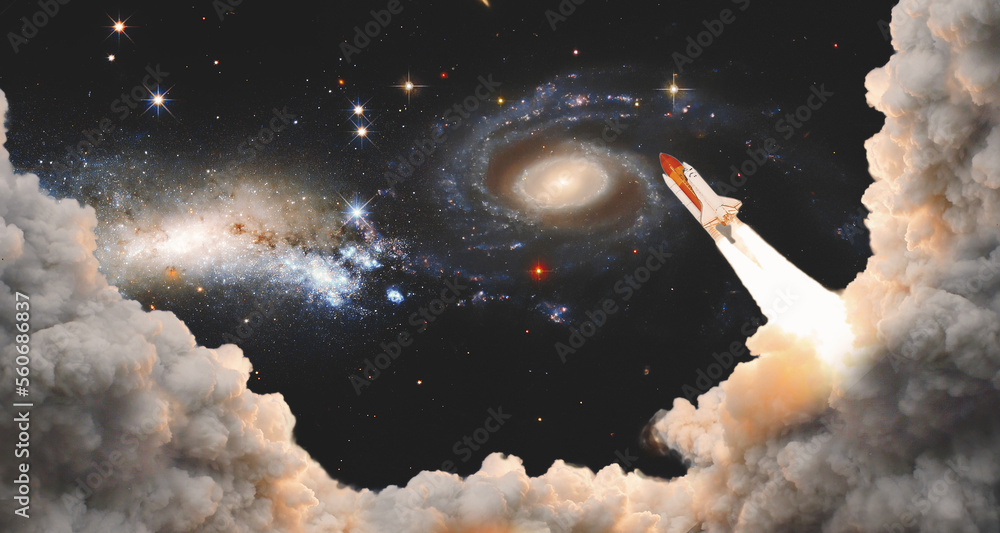 Wall mural shuttle launch in the clouds to outer space. dark space with stars on background.spaceship flight. e