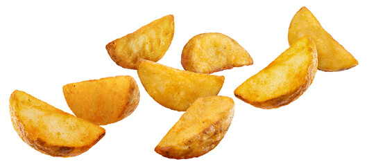 Flying delicious fried potato wedges, isolated on white background