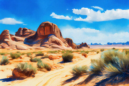 Beautiful desert landscape, a sweeping vista of sand dunes and rocky outcroppings, with a clear blue sky above, ai illustration
