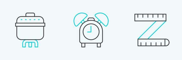 Set line Tape measure, Cooking pot and Alarm clock icon. Vector