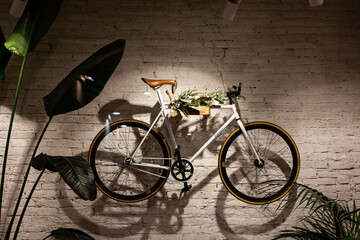 Fototapeta na wymiar bicycle on wall. city street transport
