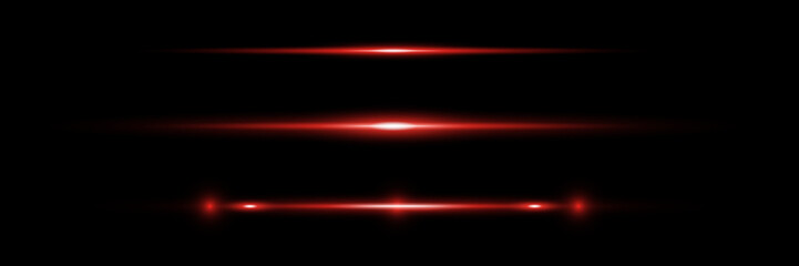 Red horizontal lens flares pack. Laser beams, horizontal light rays.Beautiful light flares. Glowing streaks on dark background. Luminous abstract sparkling lined background.