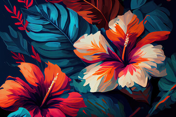 Illustration of hibiscus plant as digital painting style generative AI art