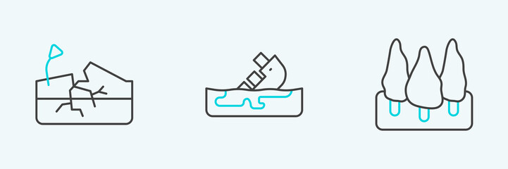 Set line Forest, Earthquake and Wrecked oil tanker ship icon. Vector